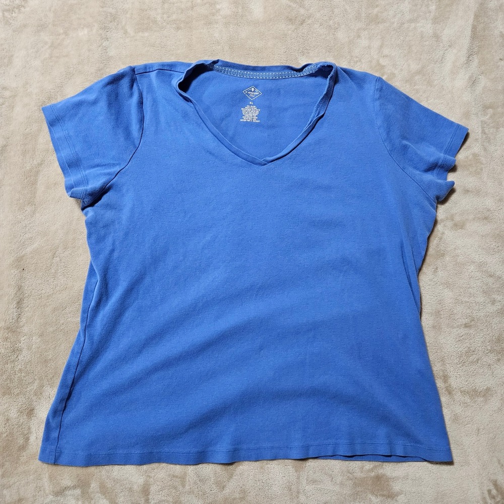 St Johns Bay Womens XL Blue V-Neck Short Sleeve 100% Cotton Basic T-Shirt Tee